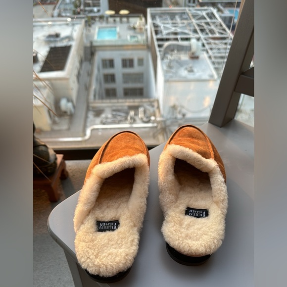 Eileen Fisher Suede Shearling Lamb Fur Slide Slip on Mules Brown - 7 - Picture 5 of 11